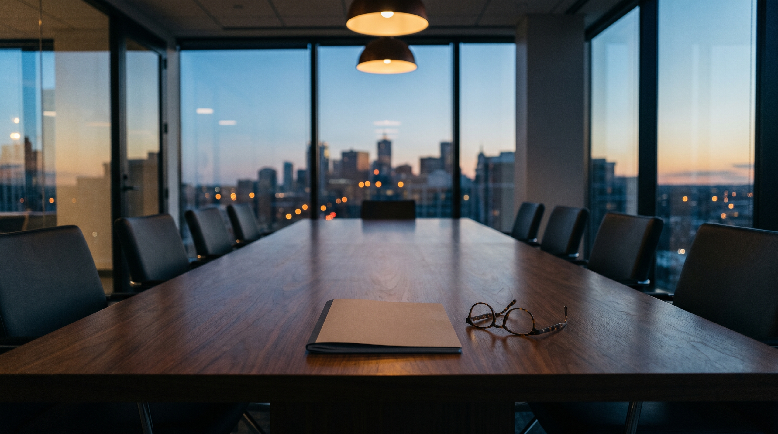 An empty corporate boardroom at dusk