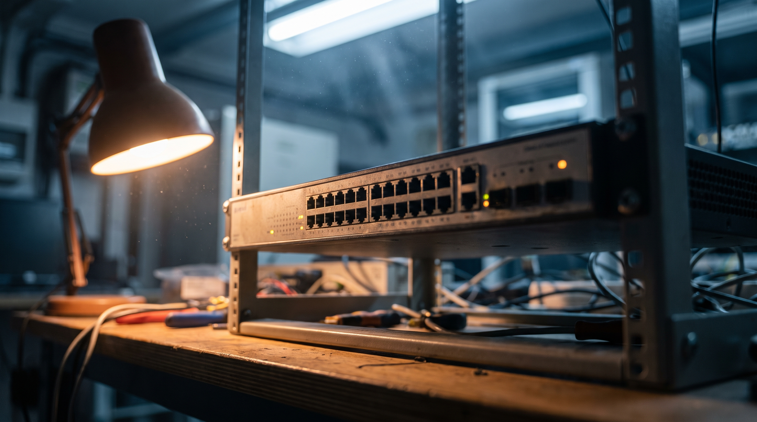 A rack-mounted network switch on a workbench