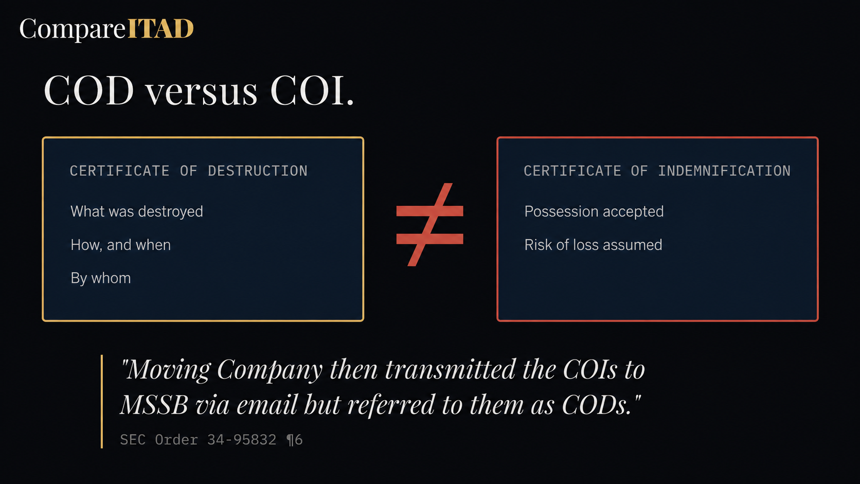 Certificate of destruction versus certificate of indemnification: what was destroyed, how and when, and by whom, against possession accepted and risk of loss assumed.