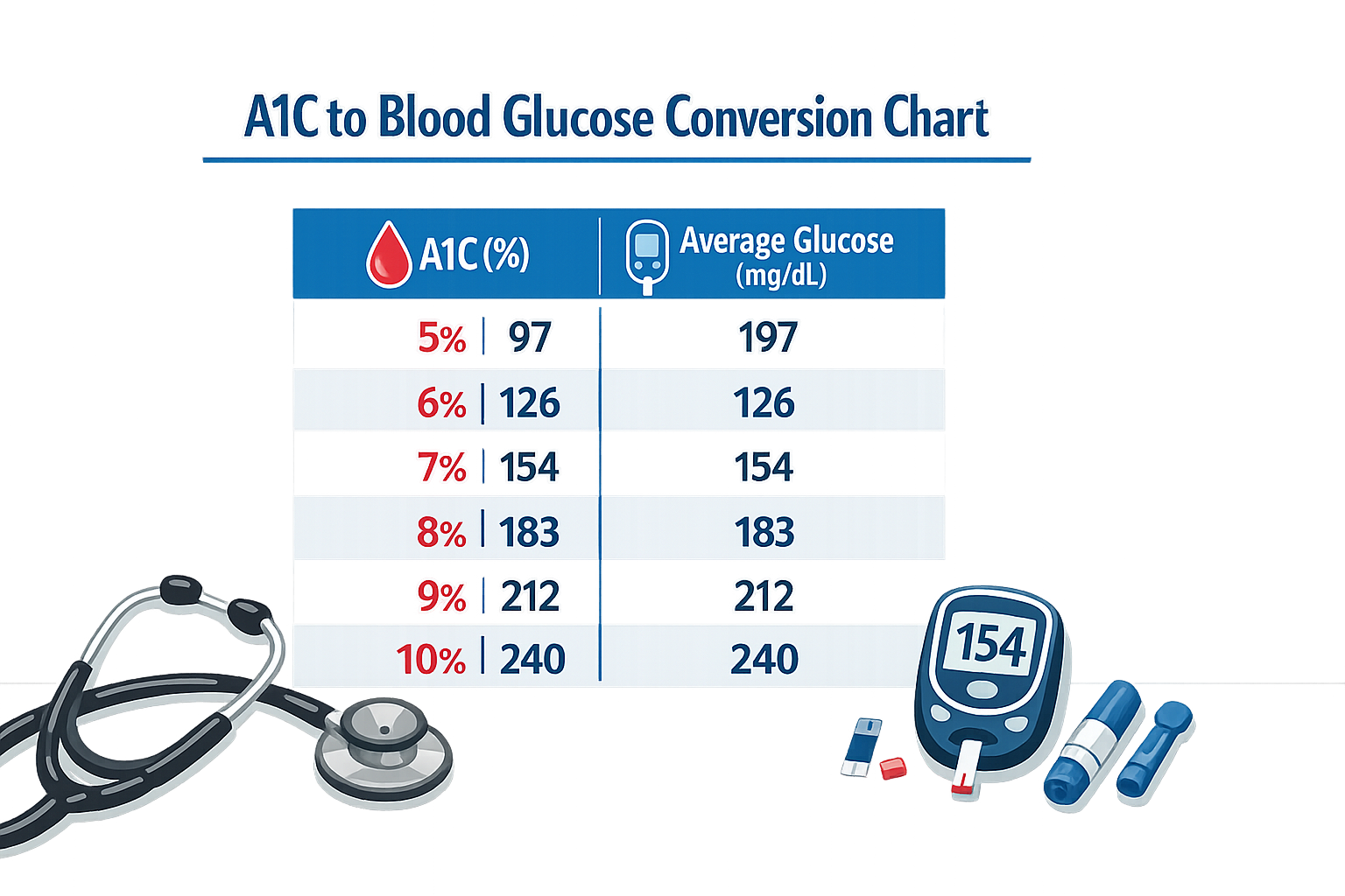 A1C to blood glucose conversion chart with healthcare elements.