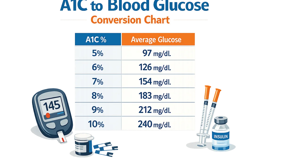 A1C to blood glucose conversion chart with diabetes management tools.