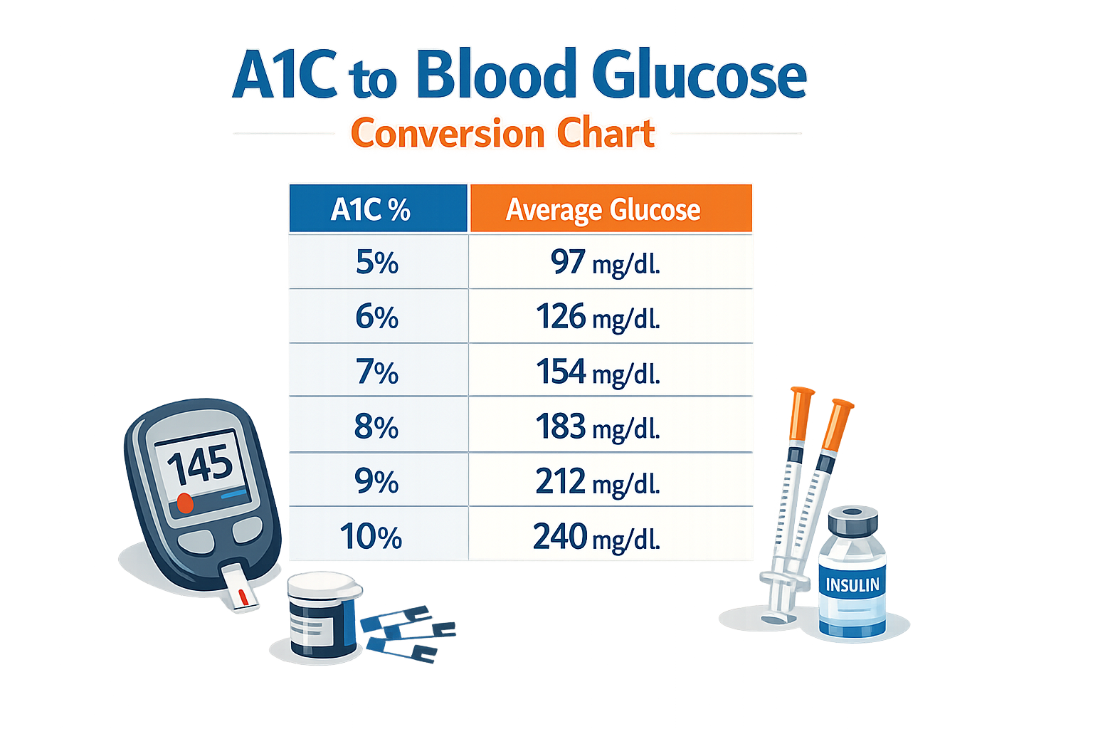 A1C to blood glucose conversion chart with diabetes management tools.