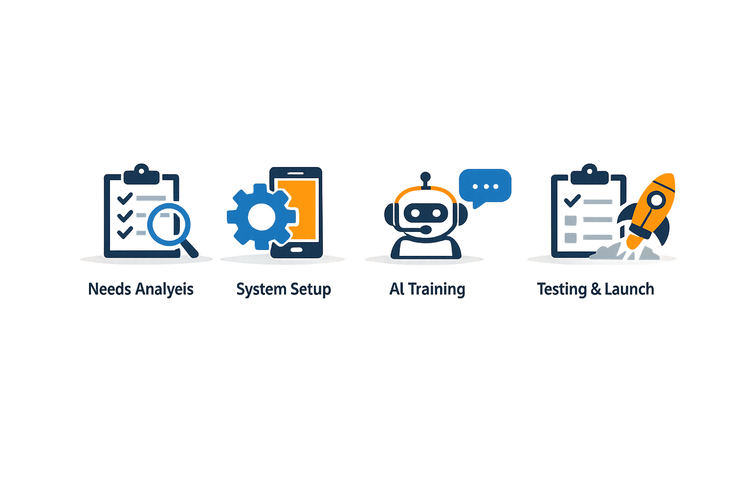 Step-by-step guide showing the implementation process for an AI answering service for small business systems