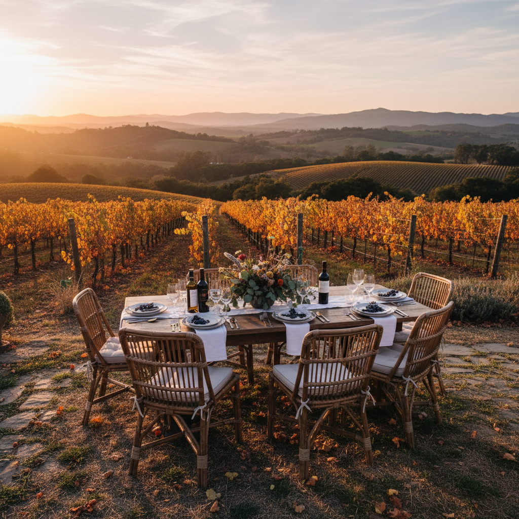 Outdoor dining setup in Sonoma with vineyards in the background