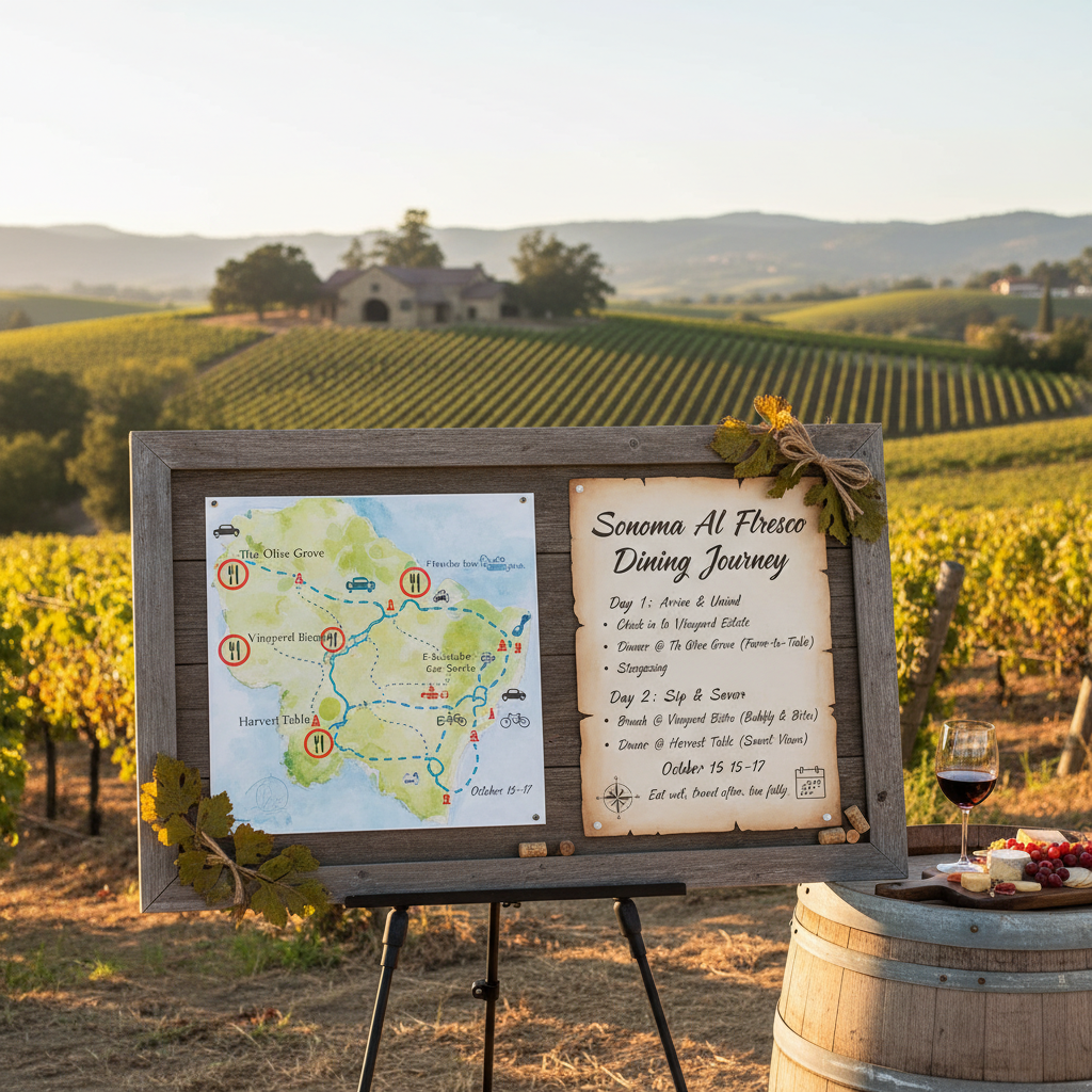 Outdoor dining itinerary plan with a map of Sonoma