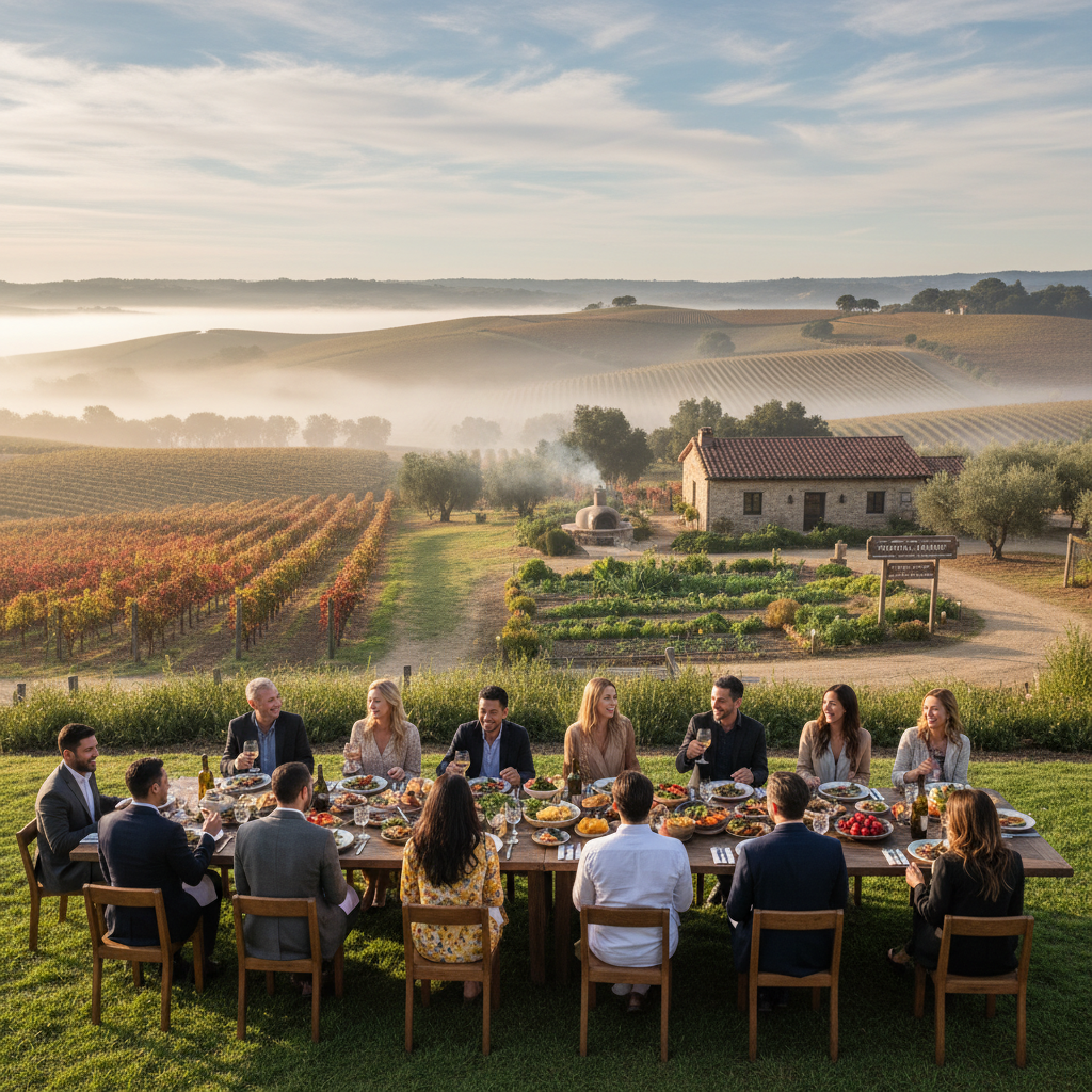 Vineyard landscape with diners enjoying outdoor meals