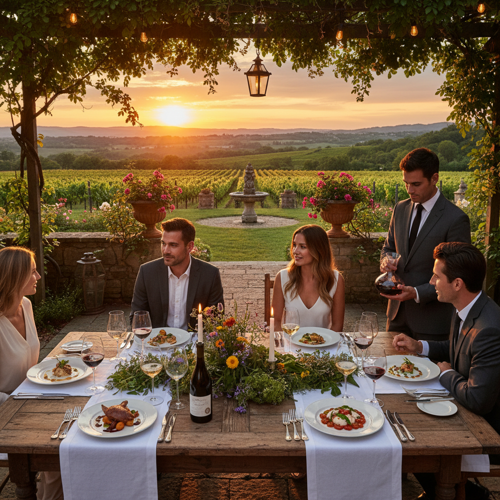 Outdoor dining with wine pairing and seasonal dishes