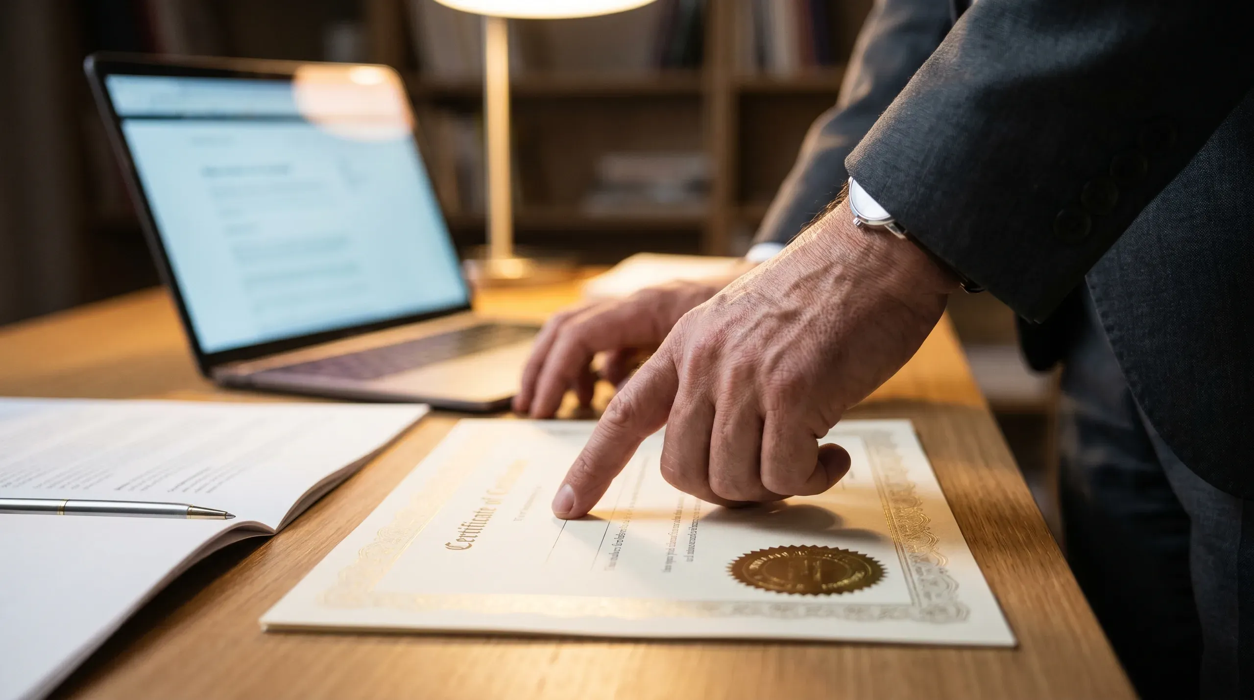 A professional's hands reviewing a formal certification document with a gold-embossed seal on a wooden desk, a laptop displaying a reference webpage alongside.