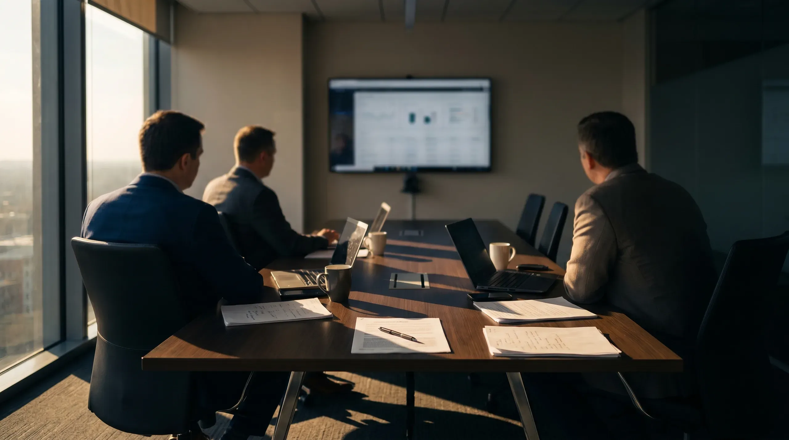 A corporate conference room with three professionals seated around a meeting table, seen from behind, reviewing documents and laptops in warm late-afternoon light from a floor-to-ceiling window.
