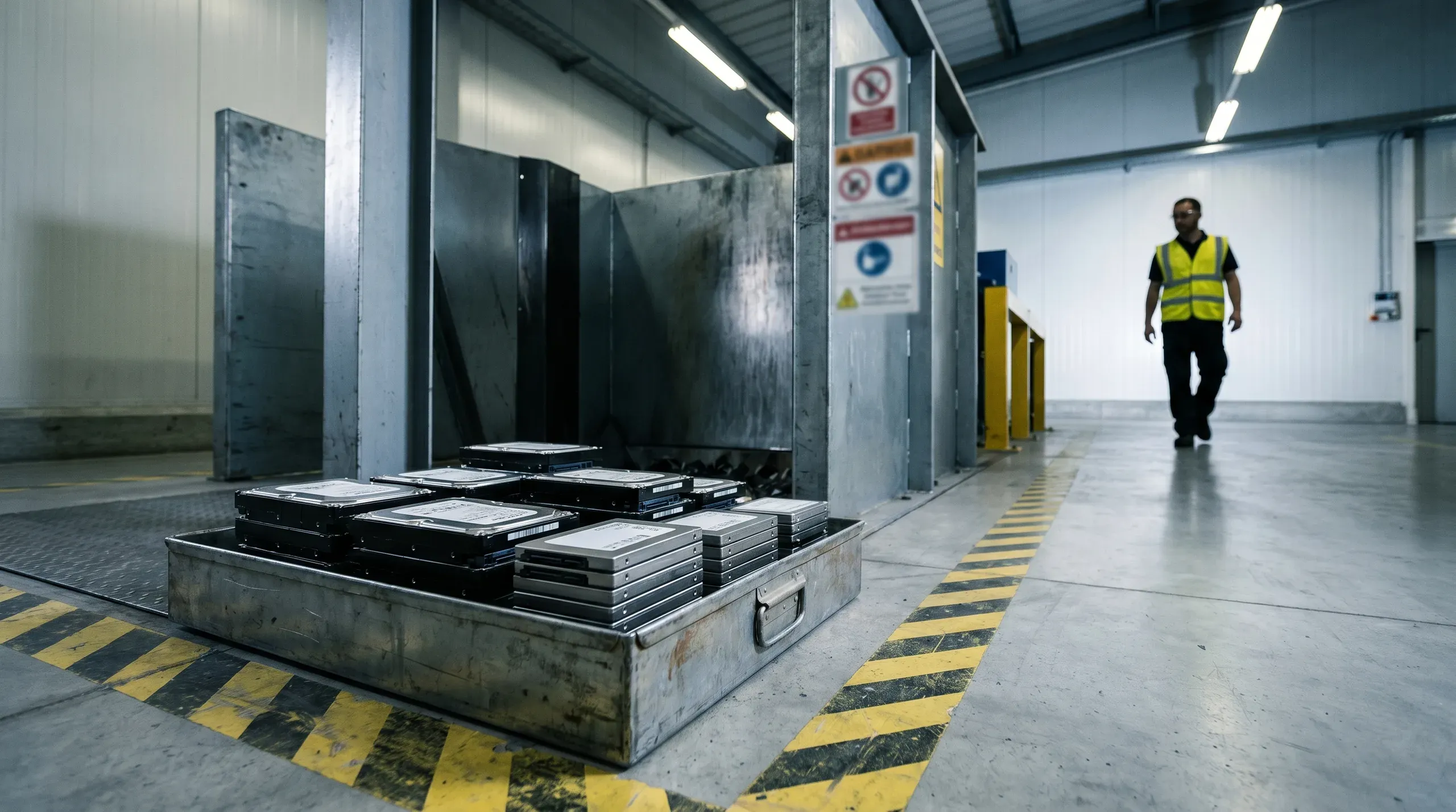 An industrial data destruction facility with hard drives organized on a metal tray in the foreground, a hard drive shredder chute in the mid-ground, and yellow safety striping on the concrete floor.