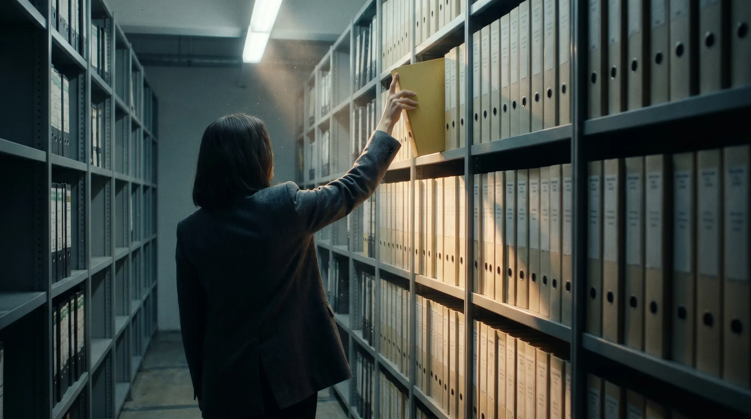 A records storage corridor with tall shelves of binders on both sides, an archivist reaching up to pull a yellow binder from a high shelf, shown from behind with warm light spilling across the shelves.