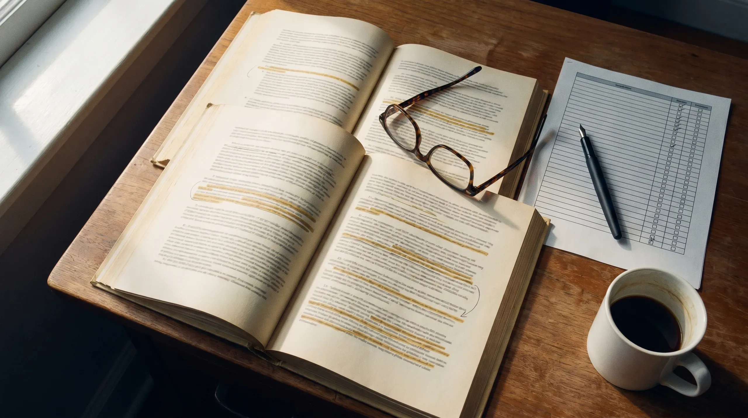 An executive desk with open regulatory documents showing highlighted passages, a compliance checklist with partially ticked boxes, reading glasses, and a coffee mug in warm morning window light.