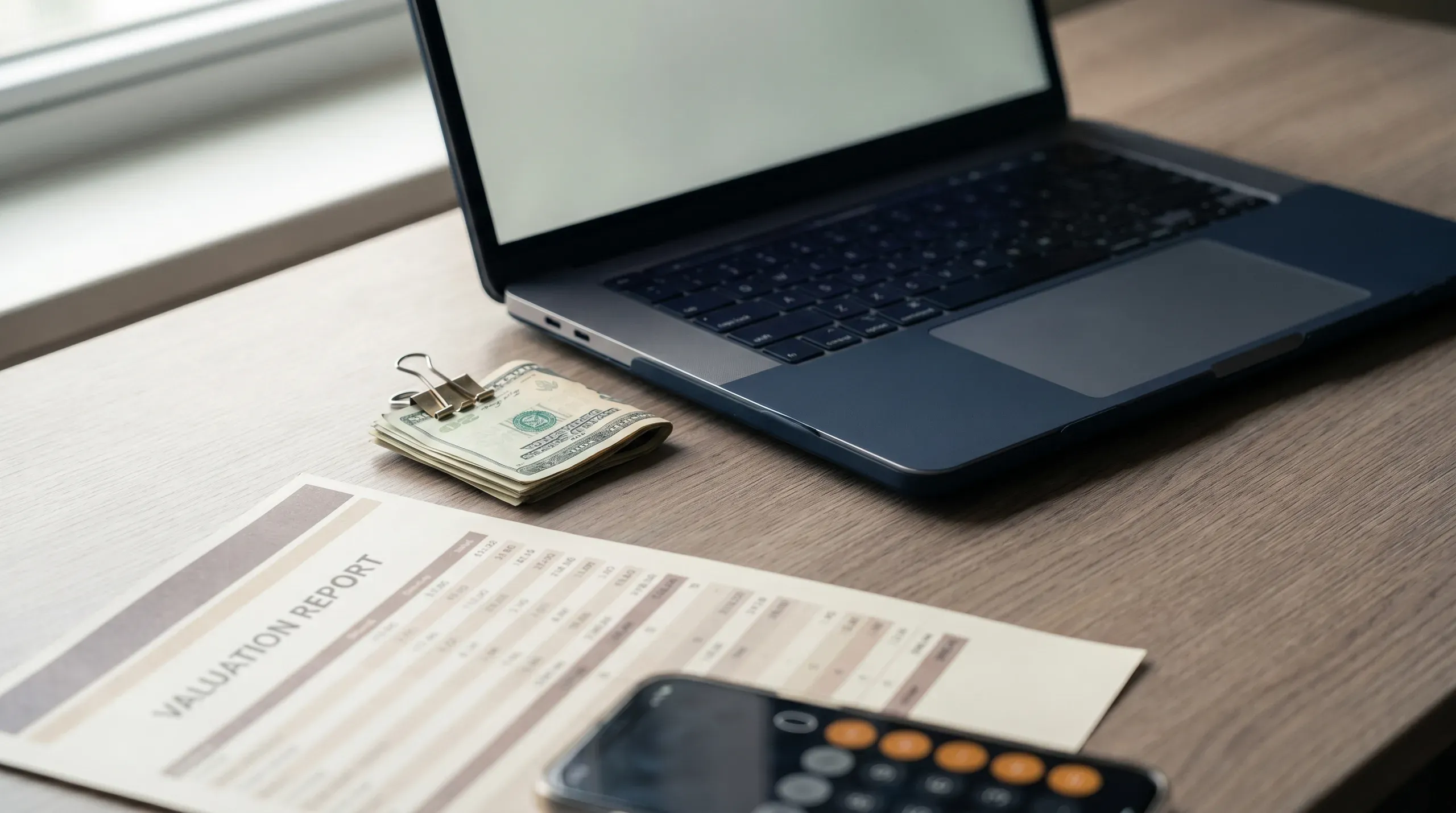 A business laptop, a paper-clipped stack of US currency, and a printed valuation report on a wooden desk in warm natural window light.