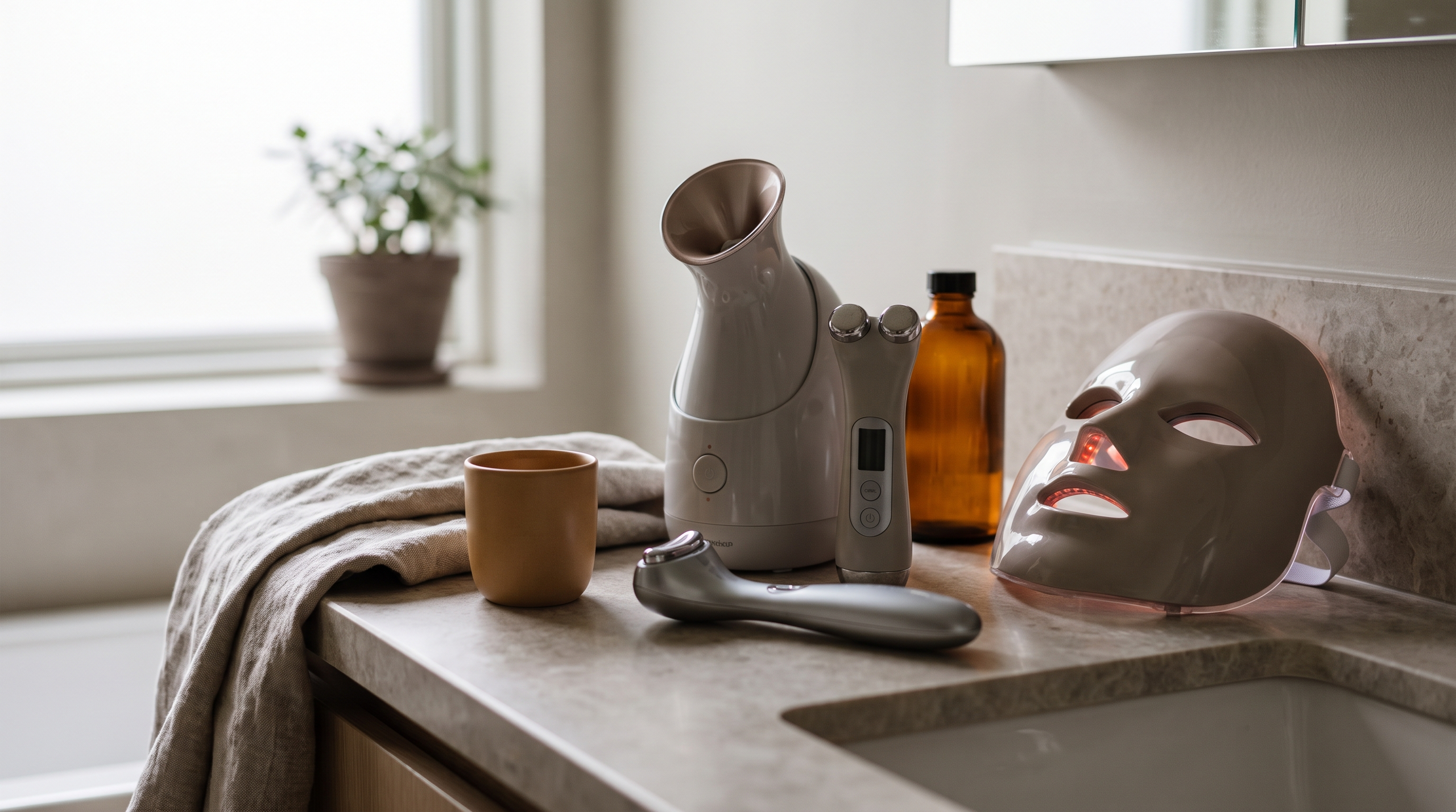 A collection of at-home skincare devices on a bathroom countertop.