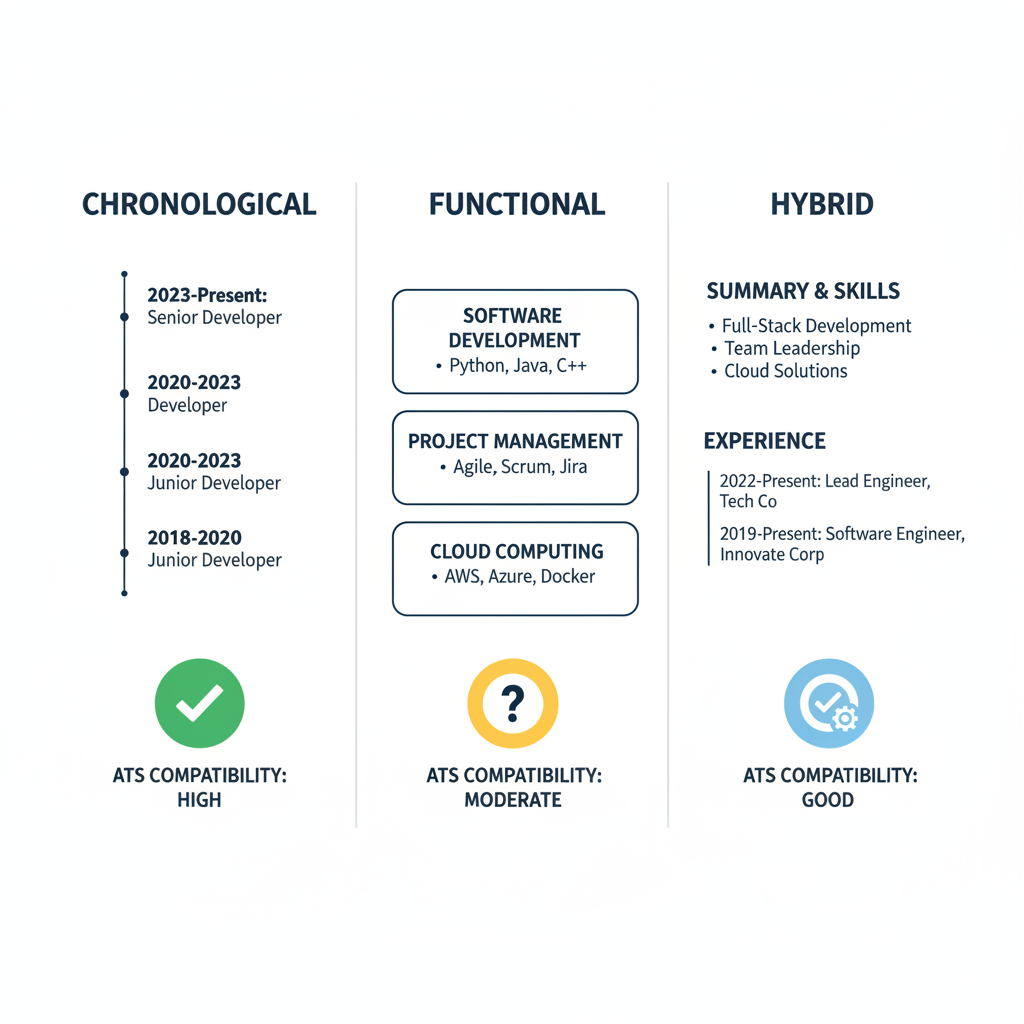 Comparison chart of chronological, functional, and hybrid resume layouts with ATS compatibility ratings