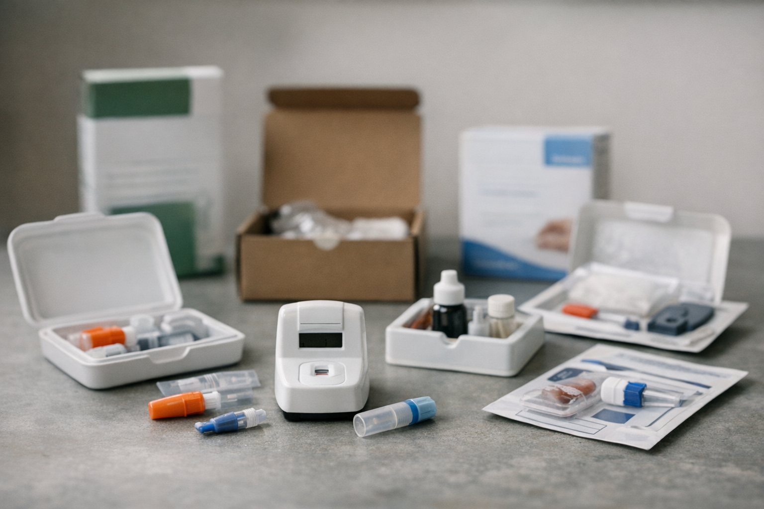 Various at-home A1C test kits displayed together.