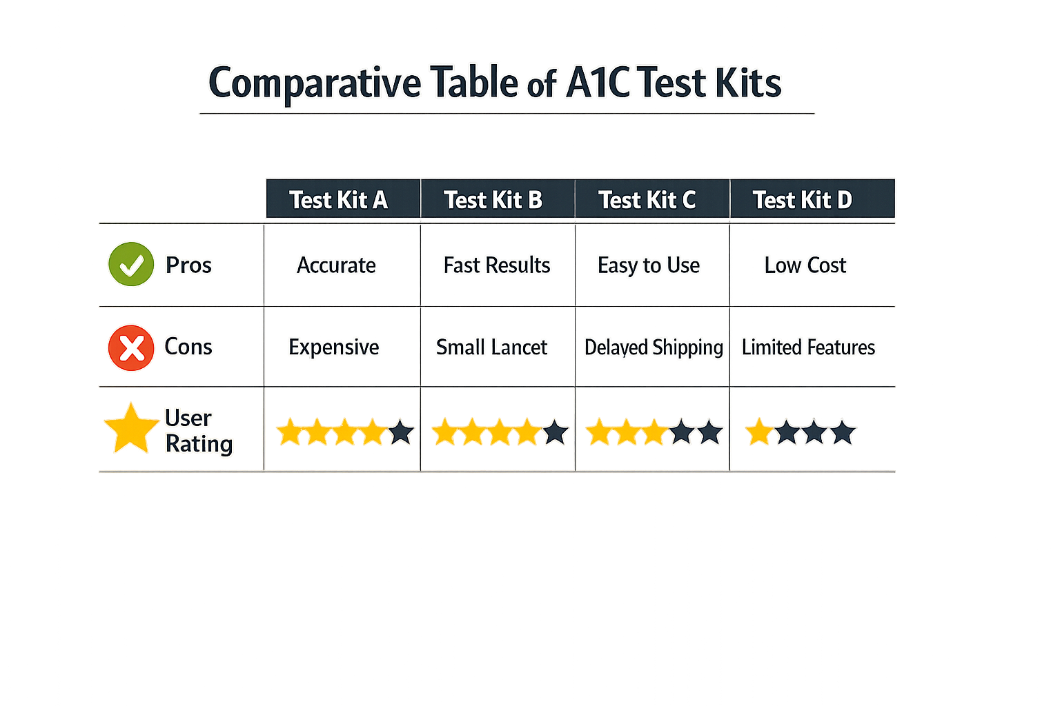 Comparative table of at-home A1C test kits features.