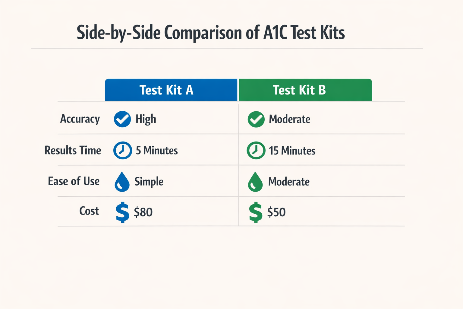 Side-by-side comparison of A1C test kits.
