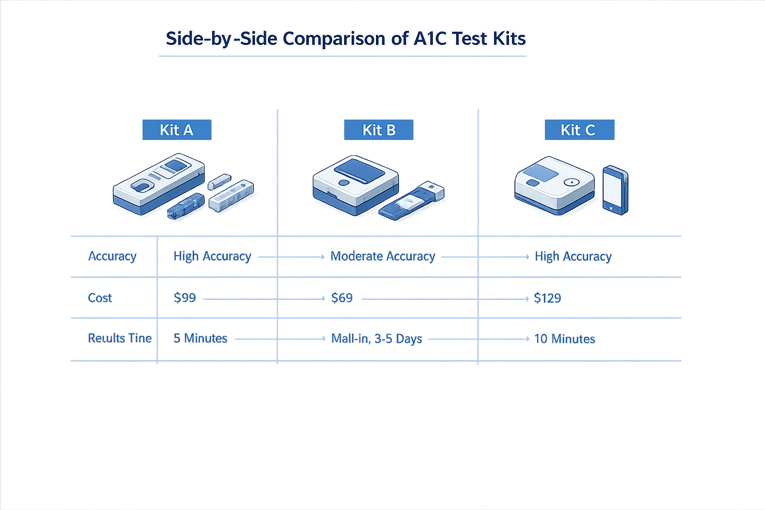 Side-by-side comparison of at-home A1C test kits showing key features and pricing