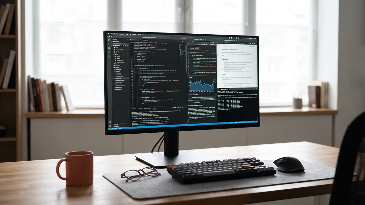 Modern workspace with coding tools