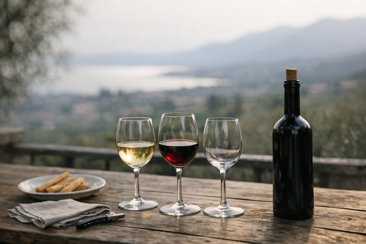 Wine tasting setup with scenic view