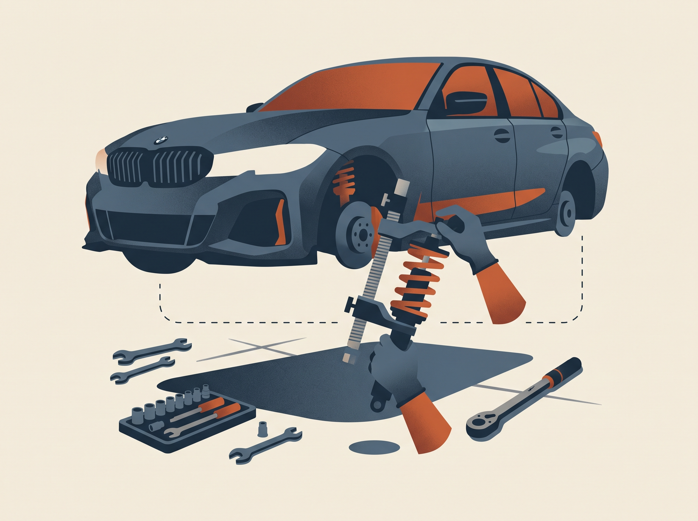 Installation process of lowering springs and coilovers