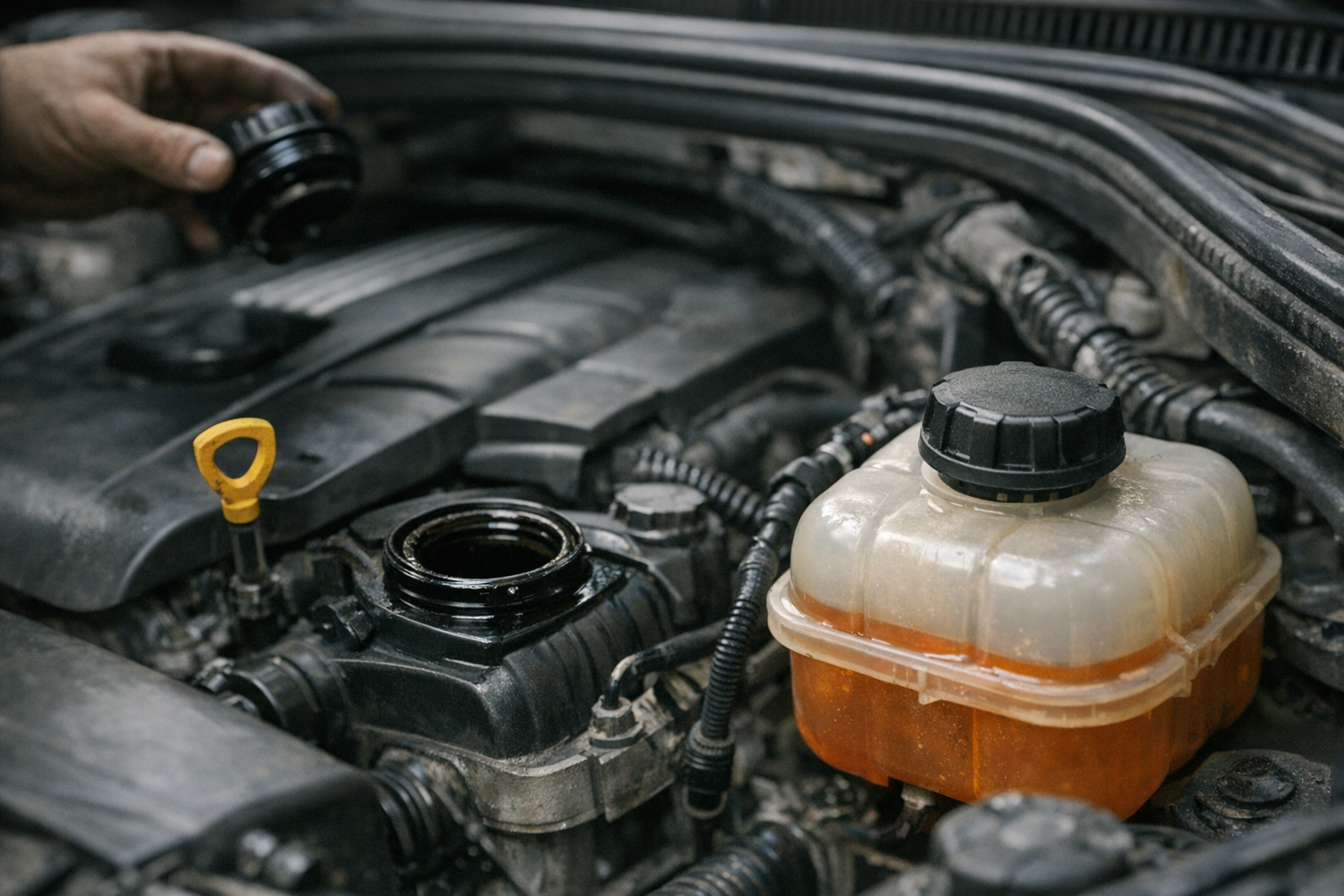 BMW X5 engine with oil and coolant reservoirs