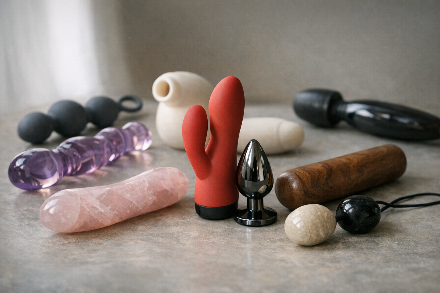 A collection of body-safe sex toys showcasing various materials.