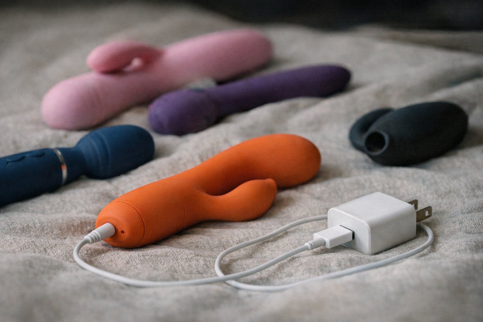 A close-up of vibrators and a charger.
