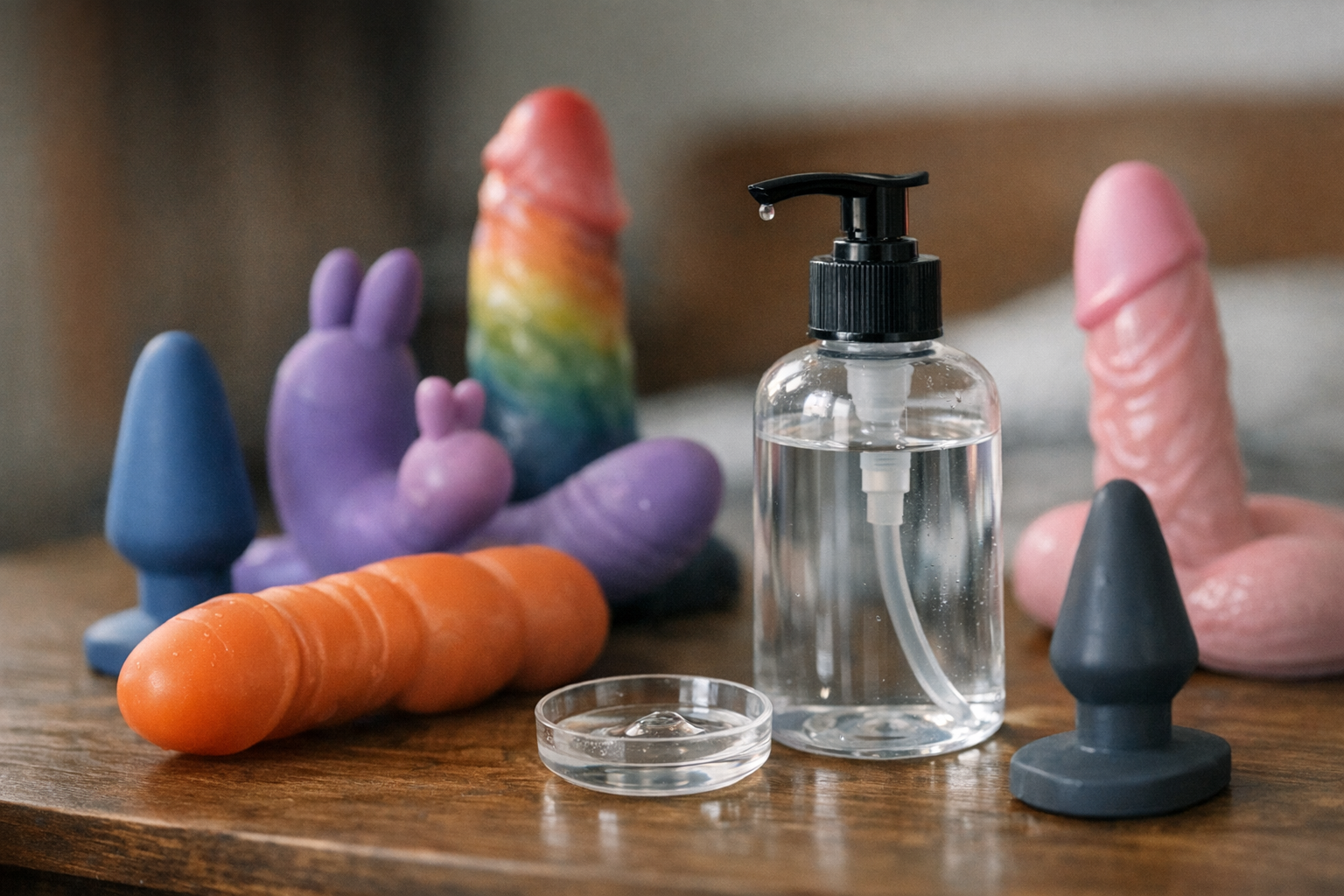 Silicone toys and silicone lube displayed together