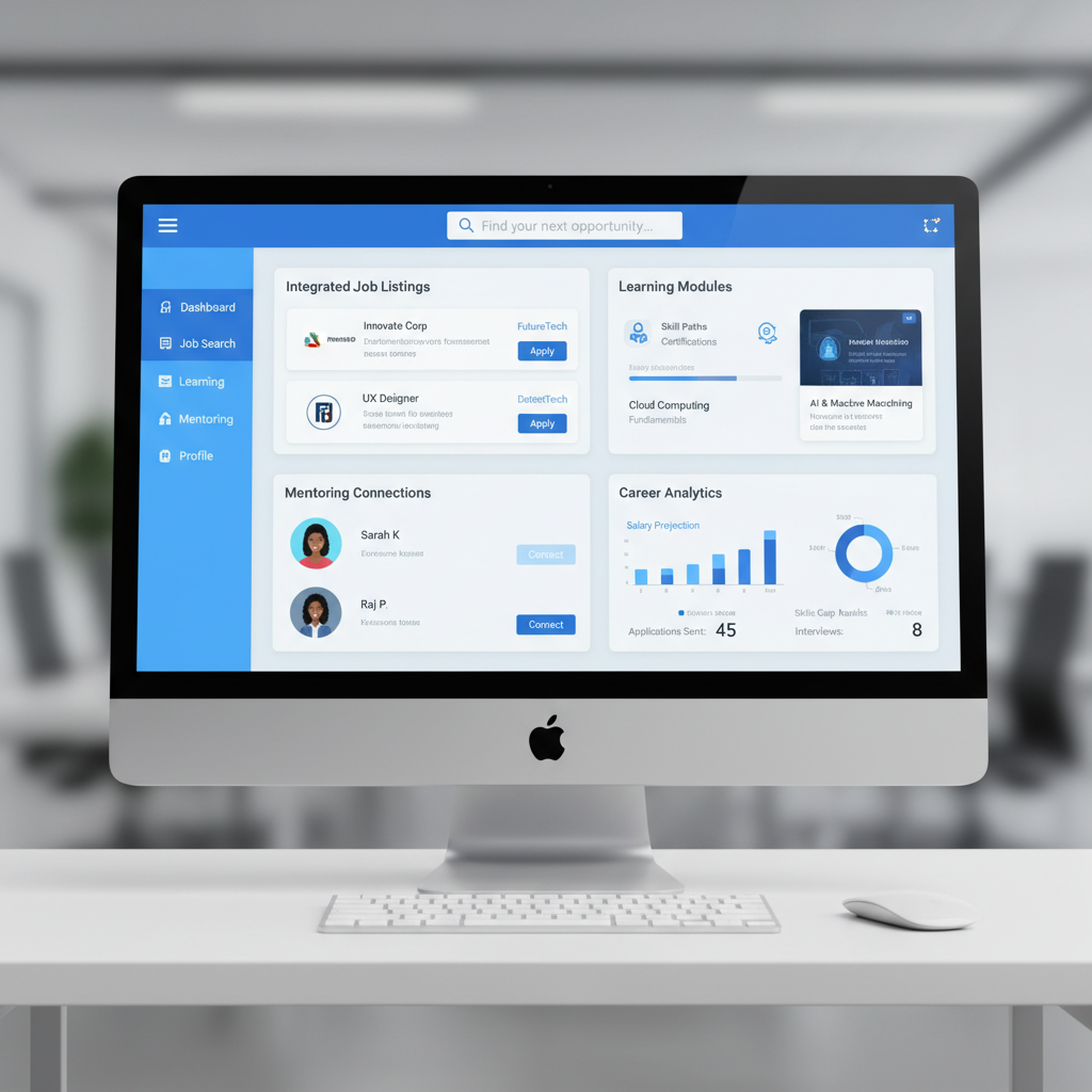 Modern career hub platform dashboard showing integrated job search features and analytics