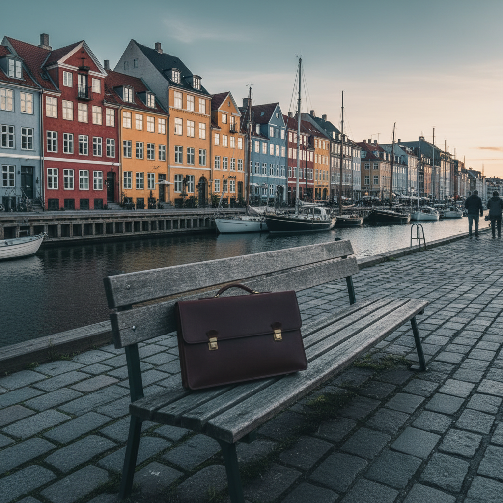 Copenhagen harborfront promenade in late afternoon light, with a leather portfolio on a bench.
