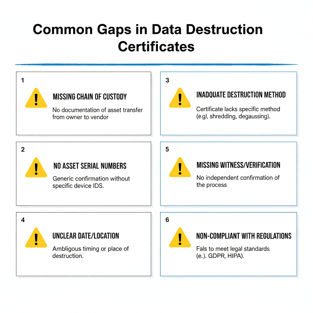 Illustrated list of common gaps in data destruction certificates