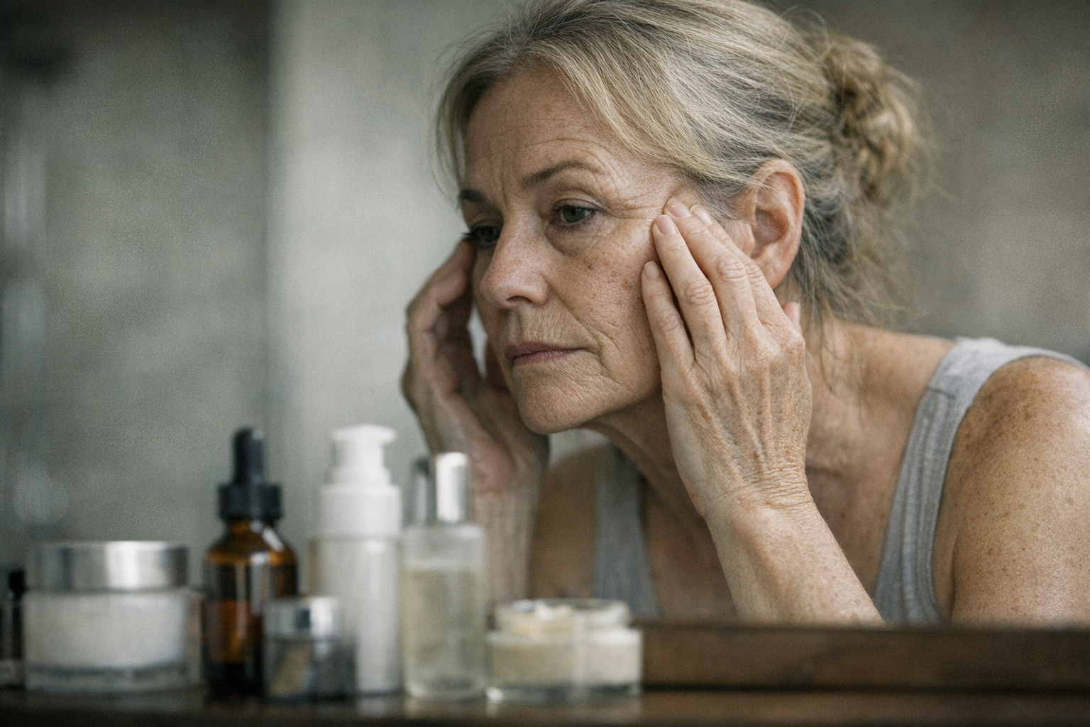 Mature woman examining her skin in the mirror