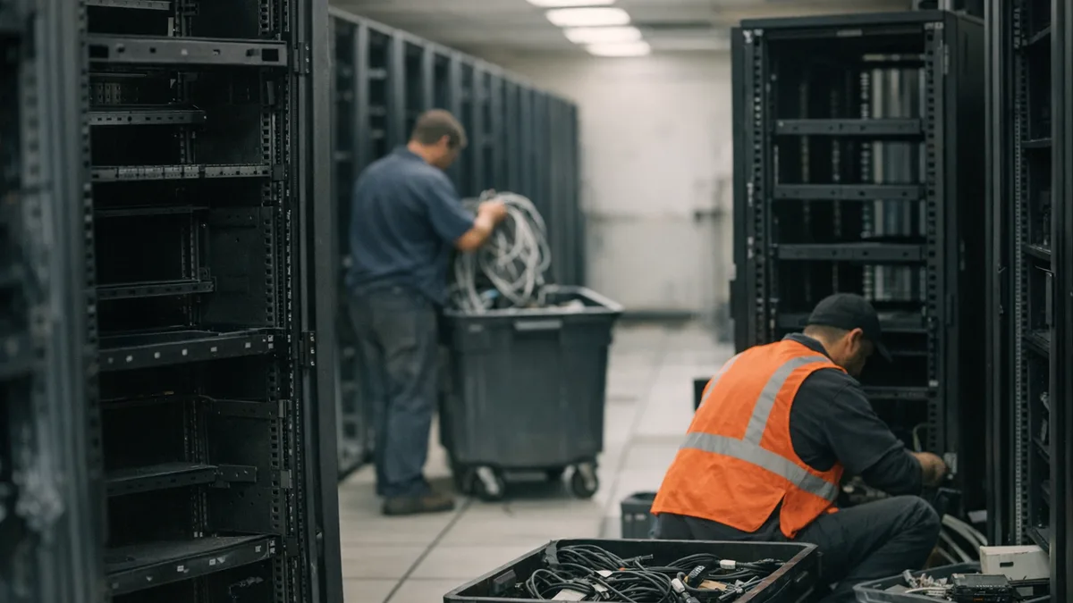 A professional setting depicting a data center with empty server racks.