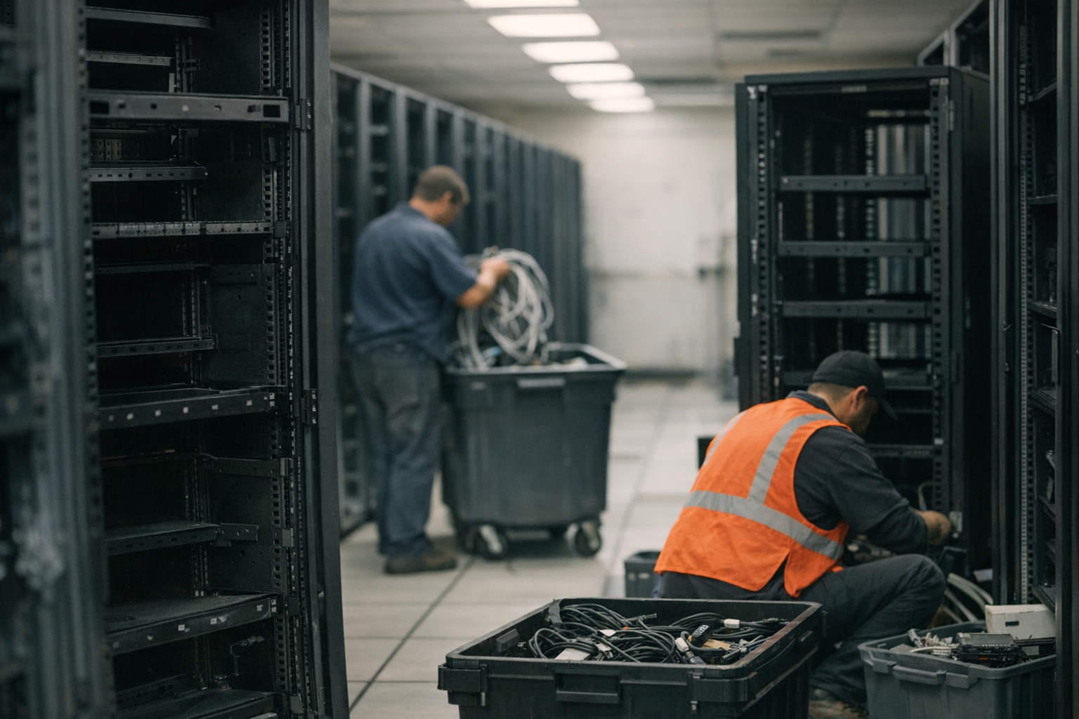 A professional setting depicting a data center with empty server racks.