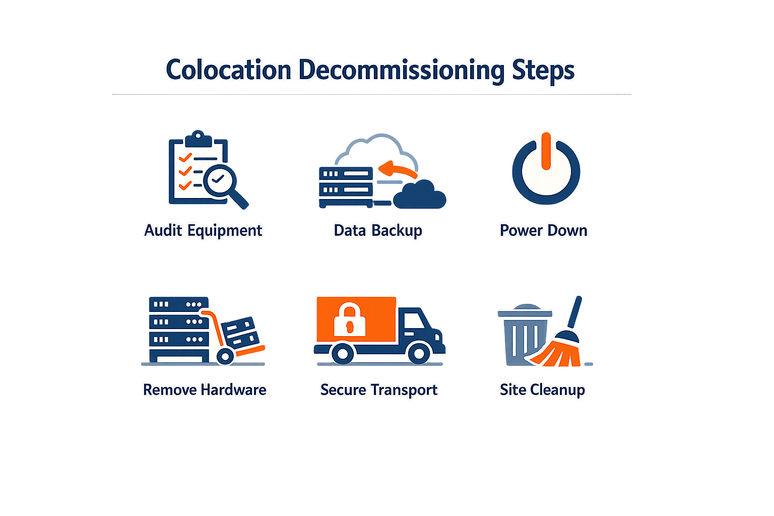 An infographic illustrating the step-by-step guide to colo decommissioning when leaving someone else's data center.