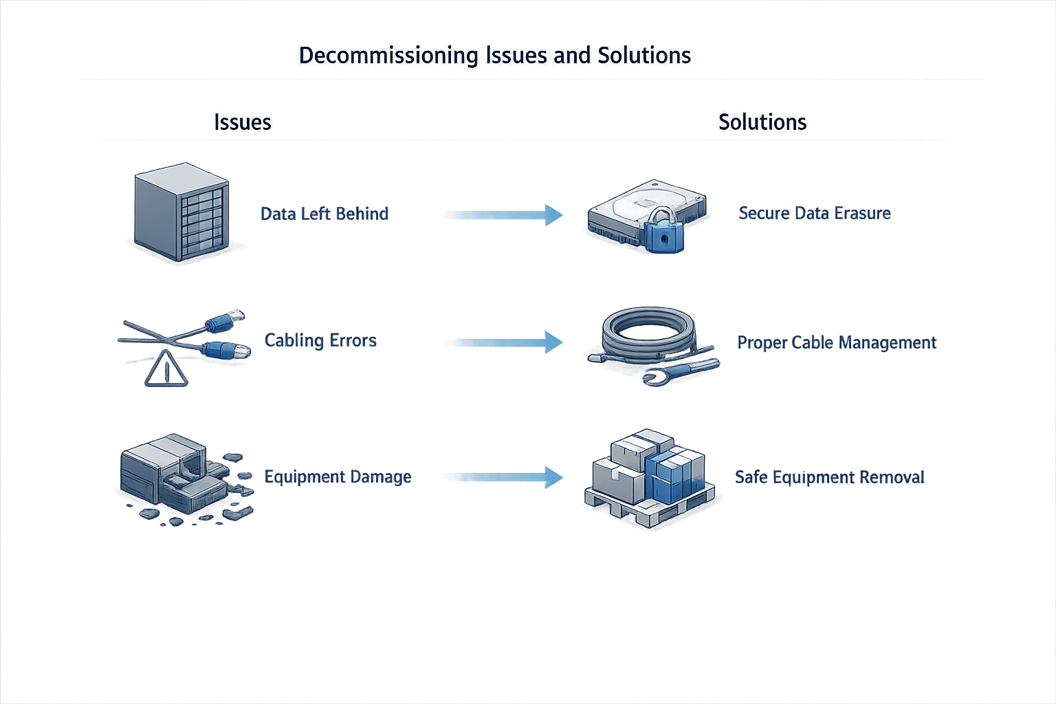 A diagram showing common issues during decommissioning and their solutions.
