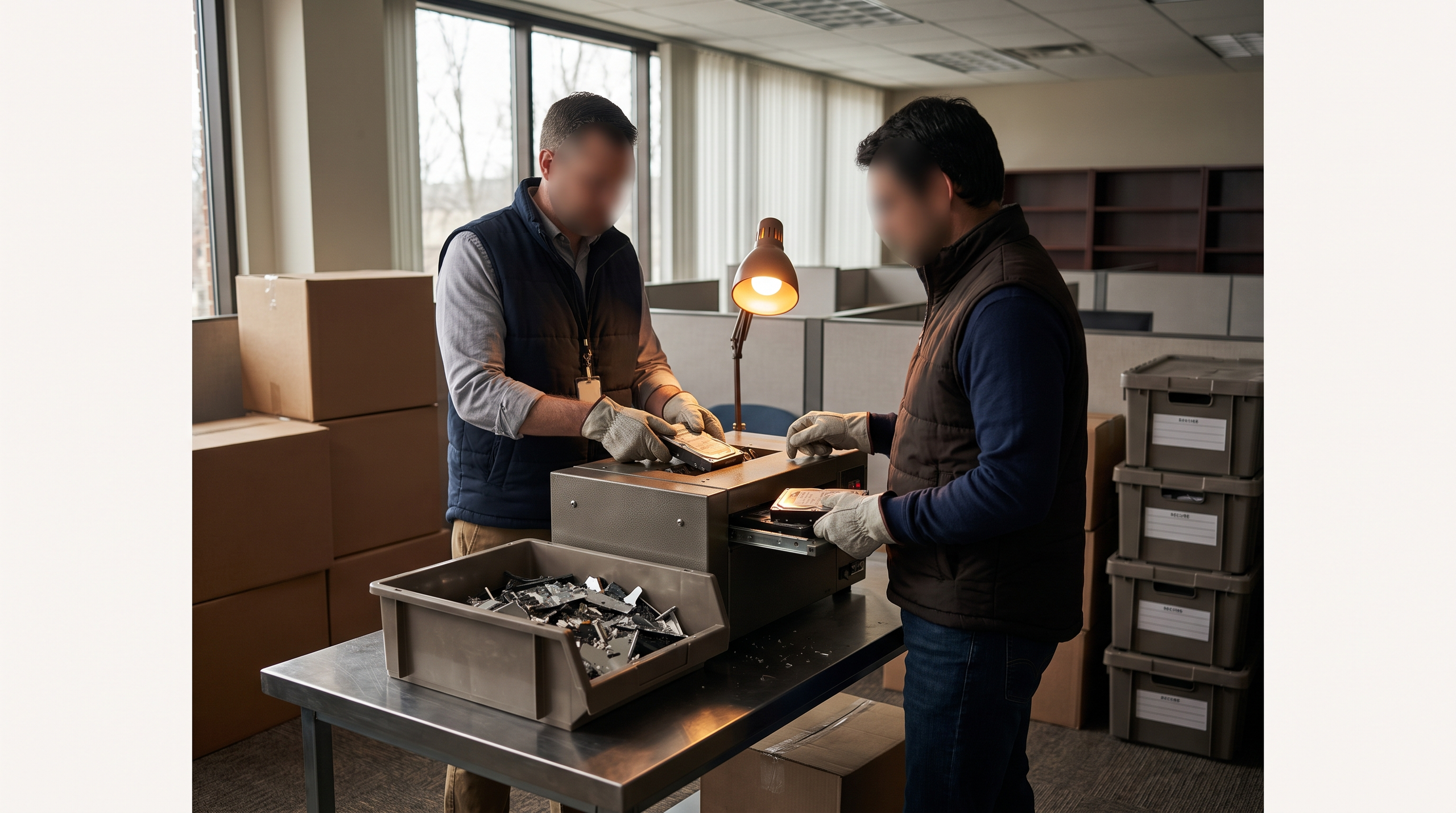 Office environment with IT professionals destroying electronic assets