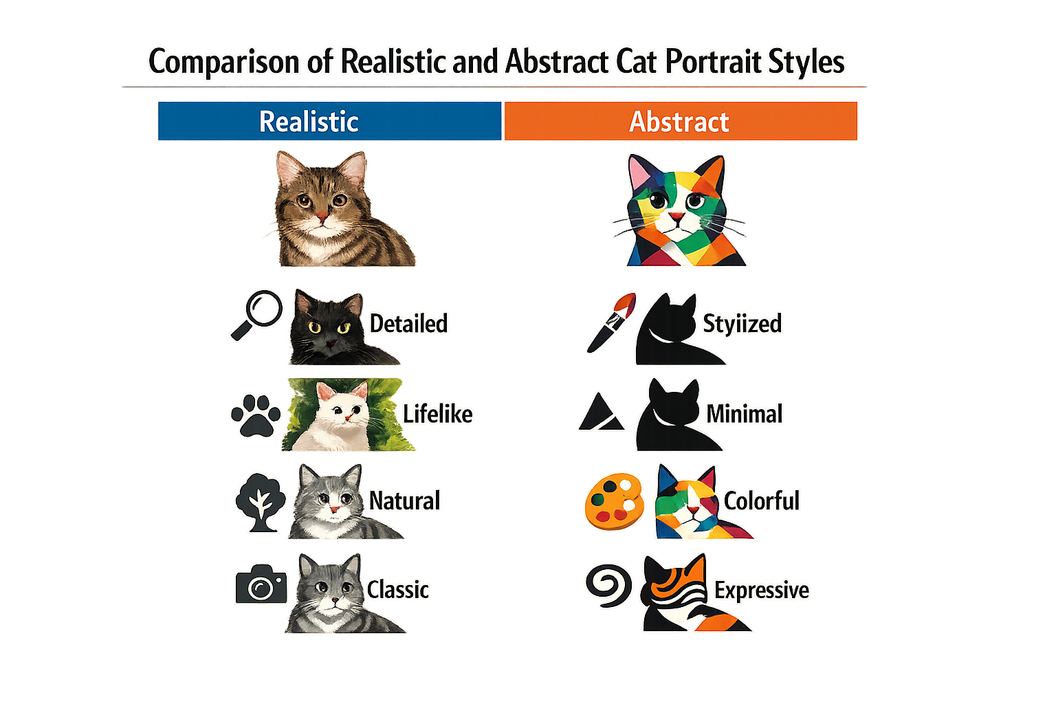 Comparison of realistic and abstract cat portrait styles