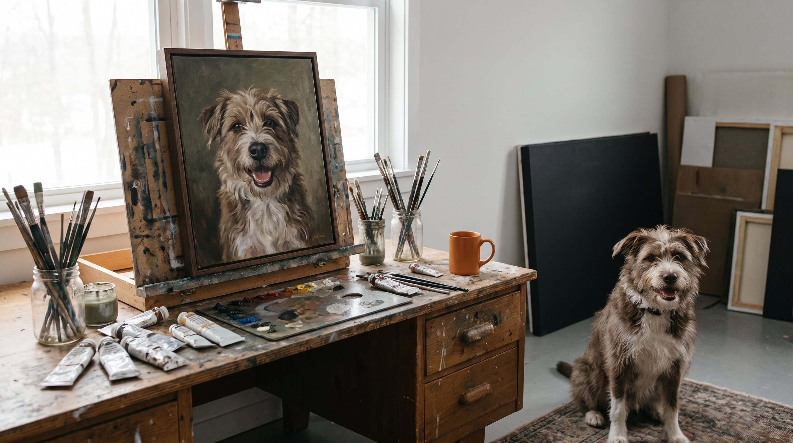 Custom dog portrait with art supplies