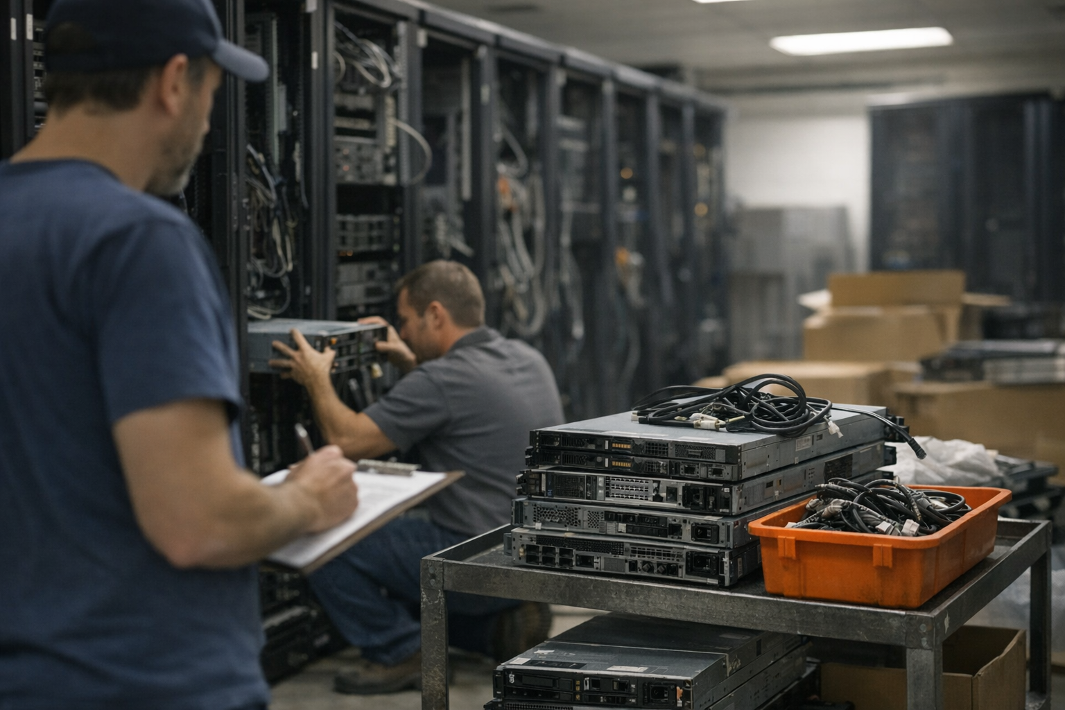 Modern data center environment with technicians decommissioning servers.