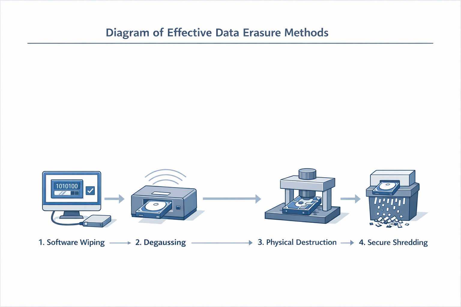 Step-by-step diagram showing effective data erasure methods aligned with NIST SP 800-88 Rev. 2 for data wiping services