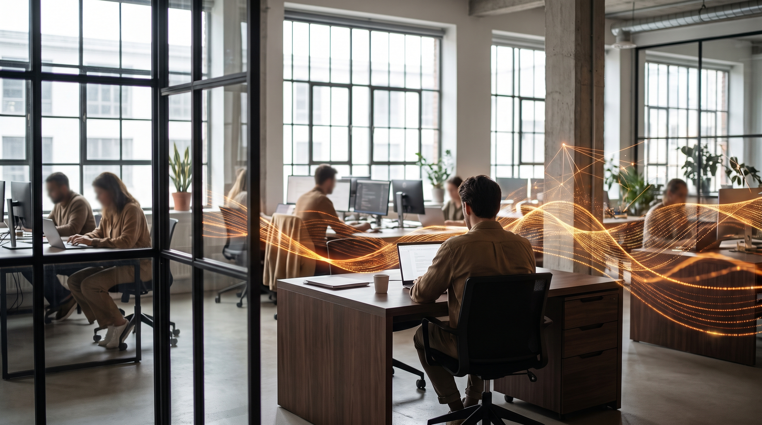 A modern office environment showcasing data management processes