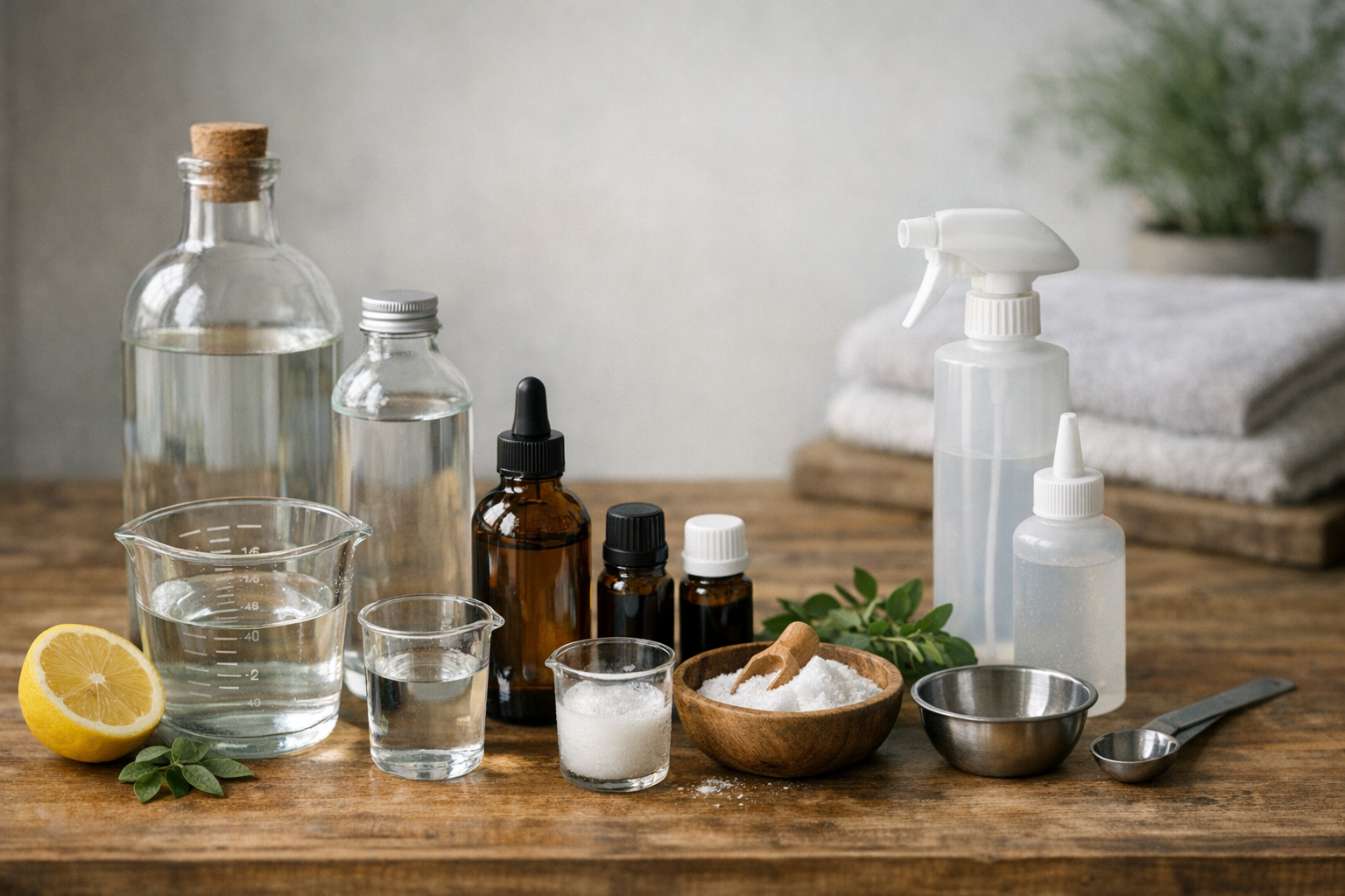 A workspace with DIY sex toy cleaning supplies.