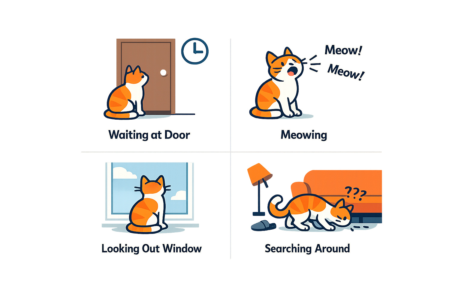 A series of images showing a cat showing signs of missing its owner, including vocalizing, waiting by the door, and showing clinginess when reunited