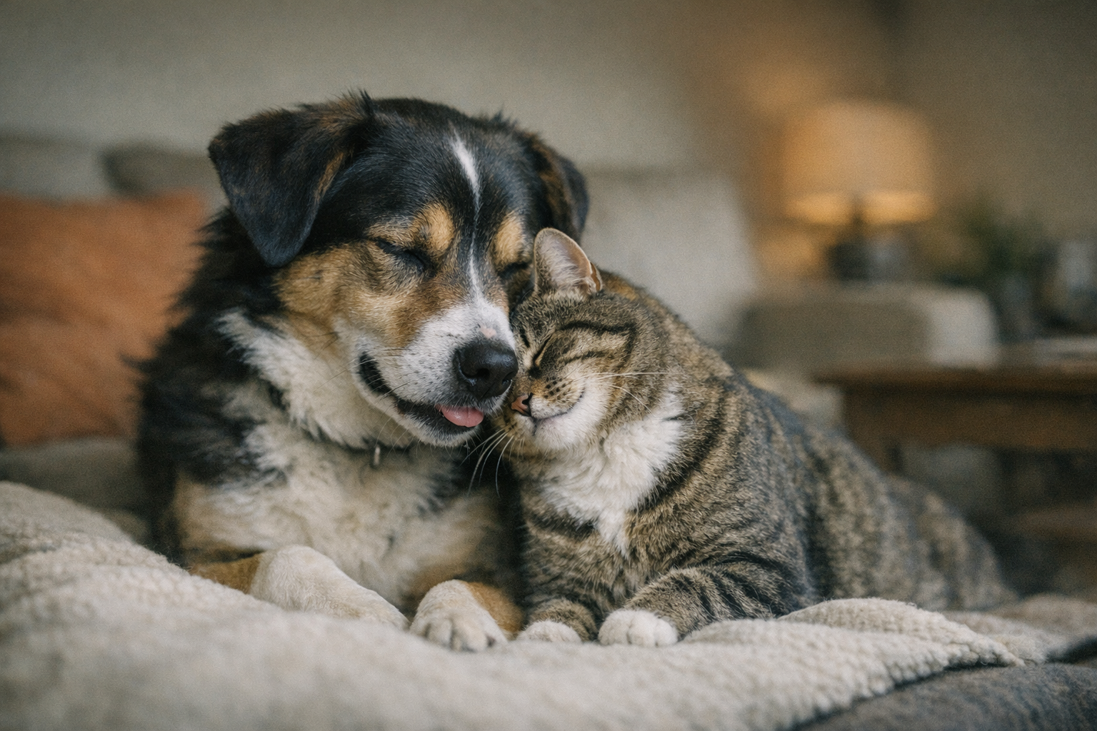 A happy dog and cat showing affection