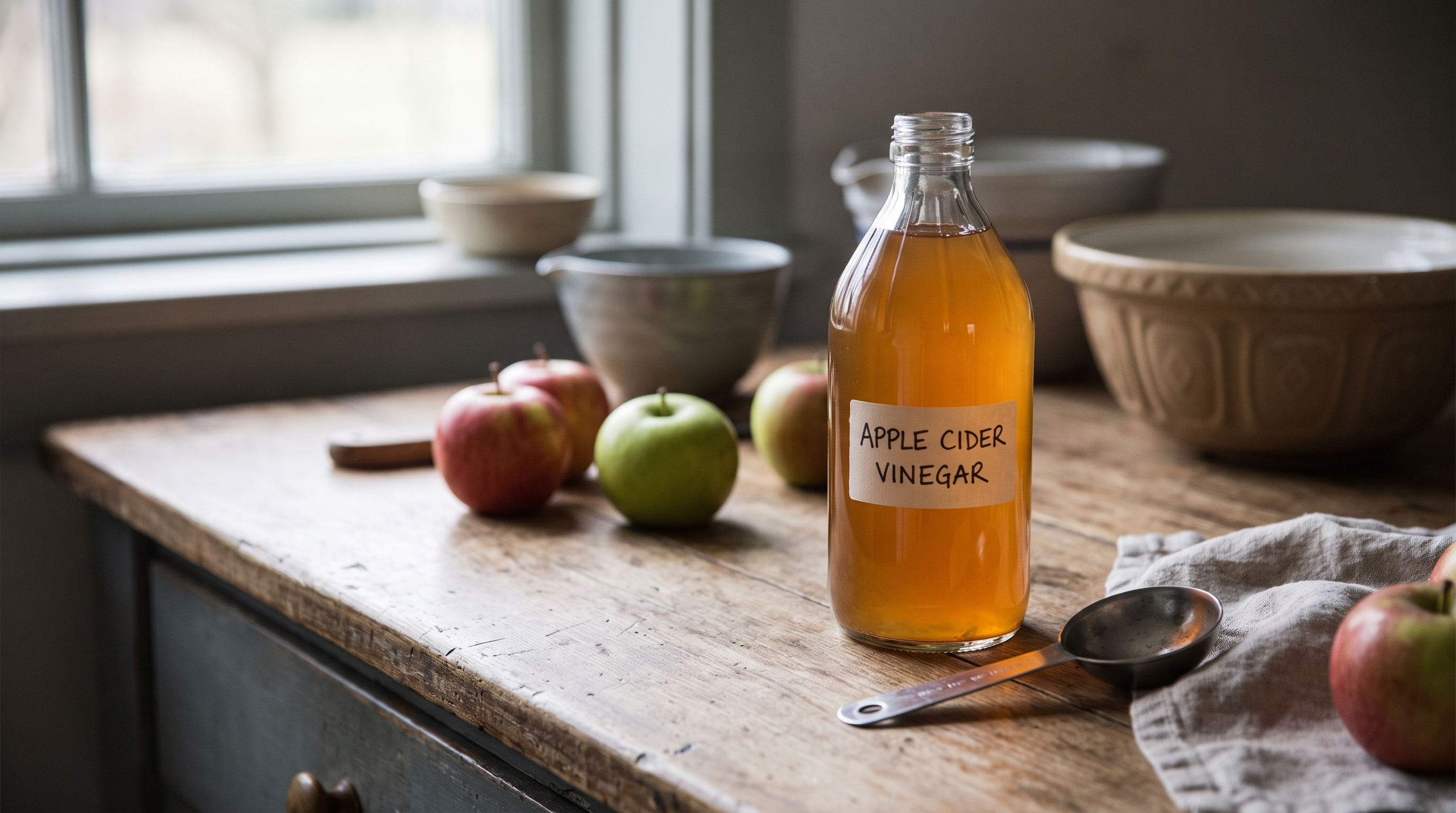 A bottle of apple cider vinegar with apples and a measuring spoon.