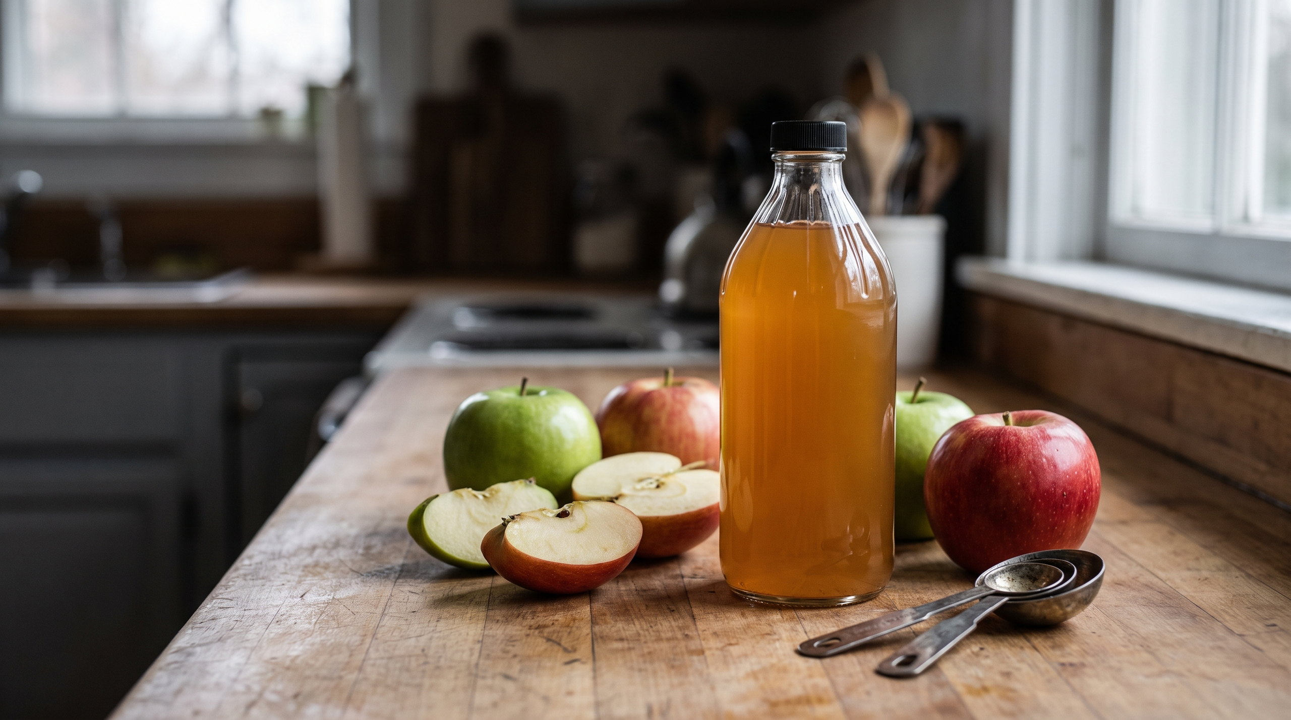 A bottle of apple cider vinegar with apples and measuring spoons on a kitchen counter.