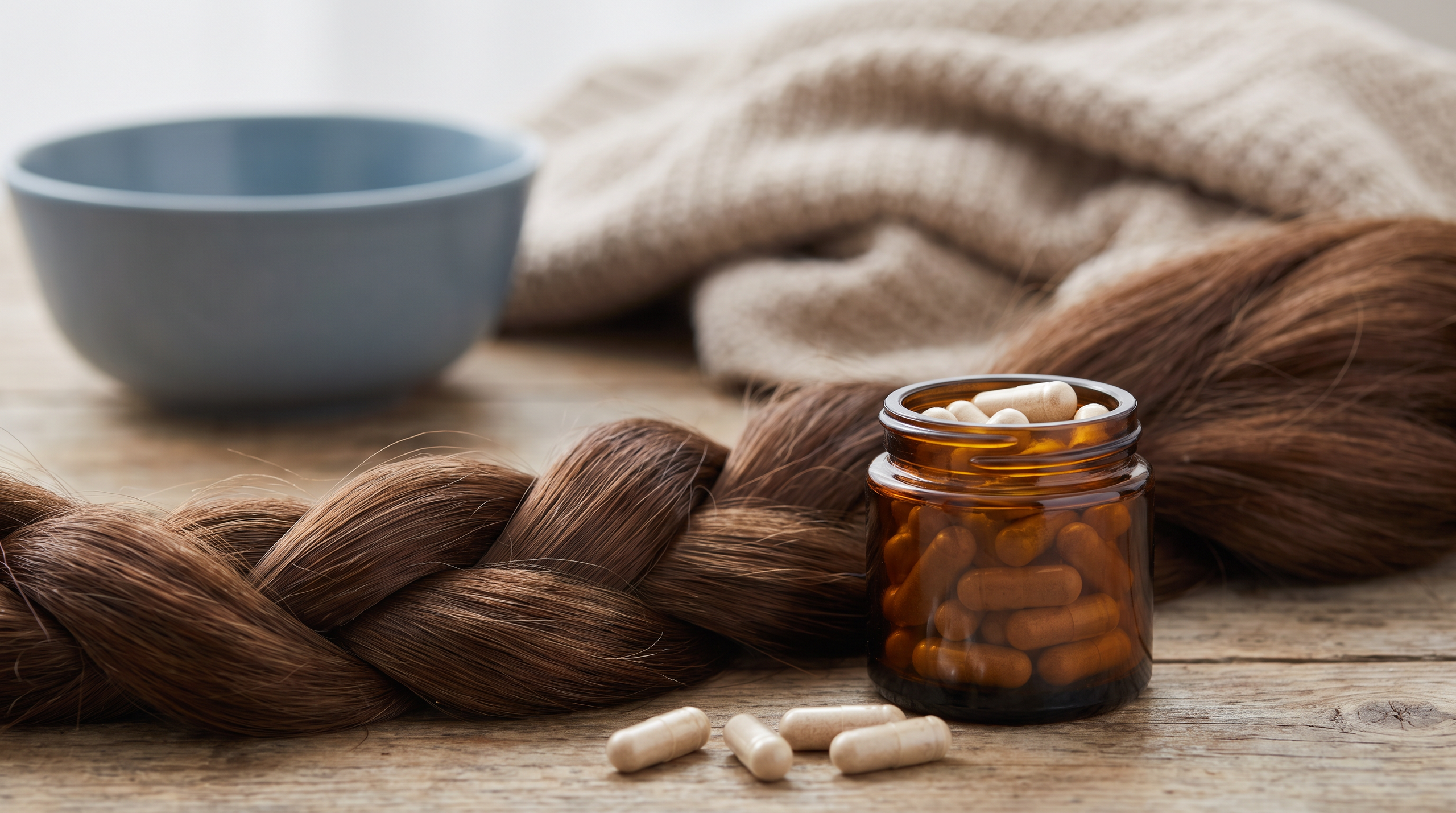 Close-up of healthy hair and biotin supplements